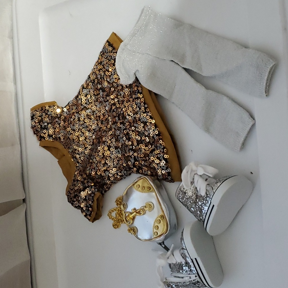 American Girl Sparkle Sequin Dress, leggings, bag, boots.